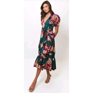 Hutch Danni Dress Teal Jungle Floral Midi True Wrap Dress Size M Anthropologie